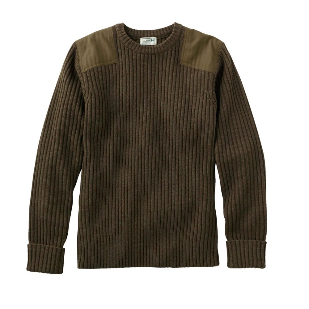 L.L. Bean Men's Deep Wood Heather Green Commando Crewneck Sweater